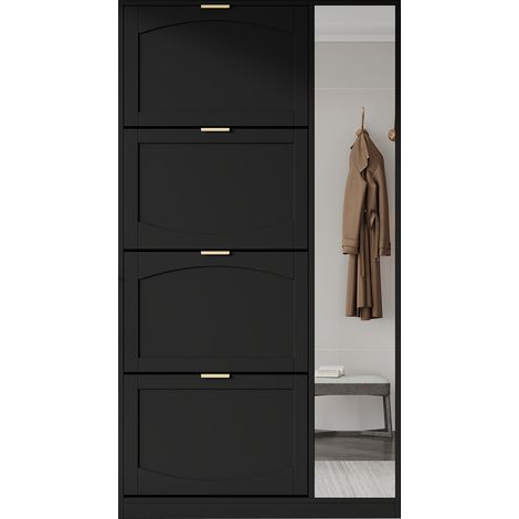 Schuhschrank mit 4 Klappfächern und Spiegeltüren, Verstellbare Regale, für Flur, aus Spanplatte, 80 × 24 × 147 cm, Schwarz (1/5)