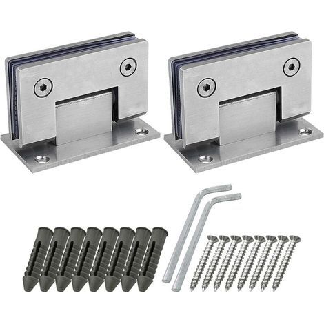 Set of 2 90° shower door hinges – 4 mm stainless steel – Max load 64.9 kg – For 8-10 mm glass – Screws and anchors included (1/5)