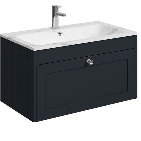 Balterley Butterton 800mm Wall Hung 1 Drawer Unit with Stone Basin 1 Tap Hole, Satin Dark Grey (1/4)