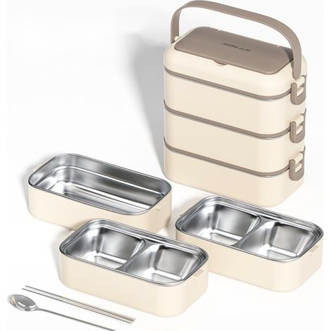Horno microondas de acero inoxidable 304 de doble capa, disponible, a prueba de fugas y con aislamiento térmico, caja bento de varios niveles, tres capas - color caqui [incluye cubiertos y cucharas] (1/5)