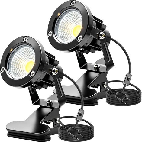 Lot de 2 spots LED à pince avec prise et interrupteur, étanchéité IP65, pour intérieur/extérieur, spot LED à pince de 10 W avec câble de 1,5 m, pour extérieur, cour/pelouse (blanc chaud) (1/5)
