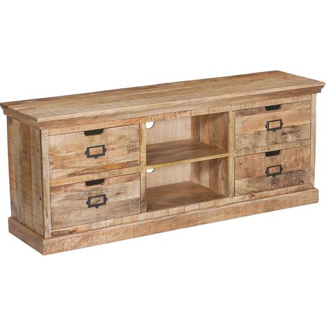 Altobuy – Meuble TV en manguier massif 4 tiroirs – Finition vernis nitro cellulosique – Dimensions 150 x 40 x H60cm – Style industriel (1/4)