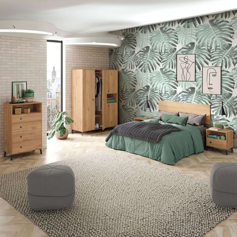 Pack Habitación Matrimonio Clim Estilo Industrial (cabecero+ 2 Mesitas+armario + Cómoda)