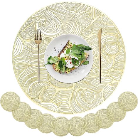 Lot de 10 sets de table et sous-verres ronds dorés, sets de table en PVC doré, sets de table creux, sets de table en vinyle pressé (1/4)