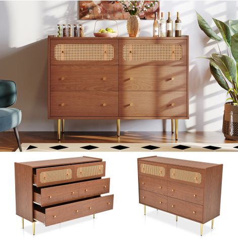 Commode 6 tiroirs en rotin naturel – Buffet haut pour chambre à coucher et salon – Style bohème scandinave – Dimensions : 90 cm (H) × 120 cm (L) × 40 cm (P) – Finition noyer