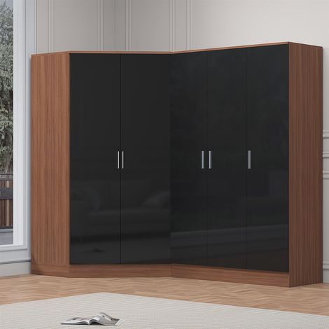 Reflect 2pc Wardrobe Bundle - 2 Door Corner + 3 Door Plain - Black Gloss & Walnut (1/5)