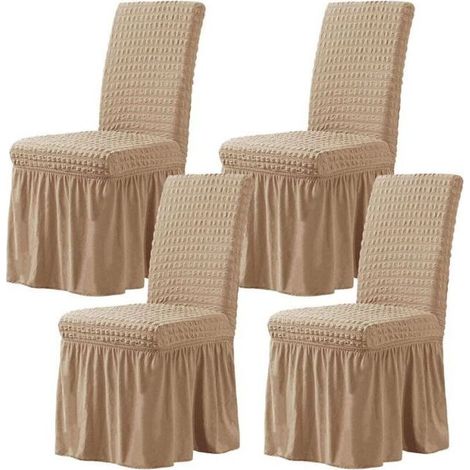 Elastic Dining Room Chair Covers 4 Pieces -Oatmeal, Elastic Seersucker Dining Room Chair Covers with Skirt, Chair Slipcover for Hotel Wedding Ceremony (1/5)