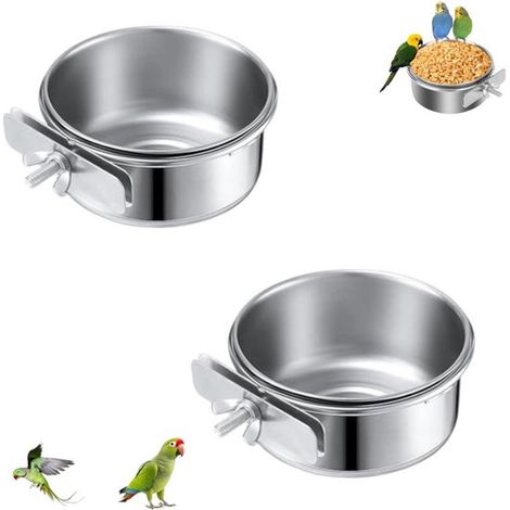 Lot de 2 mangeoires pour oiseaux - Mangeoire en acier inoxydable pour perroquets - Mangeoire à vis - Bol en acier inoxydable avec fixation par vis - 10 x 4 cm - argent - Pour perroquets et oiseaux (1/5)