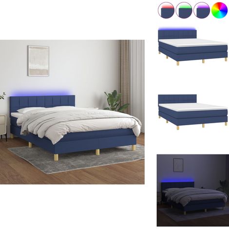 Sommier à lattes de lit avec matelas LED Bleu 140x190 cm Tissu - Sommier Tapissier - Lit Avec Led - Matelas À Ressorts Ensachés - Tête De Lit Réglable - Éclairage LED (1/5)