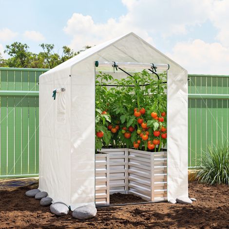 Serra per pomodori, serra a tunnel in polietilene con aiuola rialzata, porta avvolgibile, finestra, tetto inclinato, 141 x 141 x 190 cm, bianca