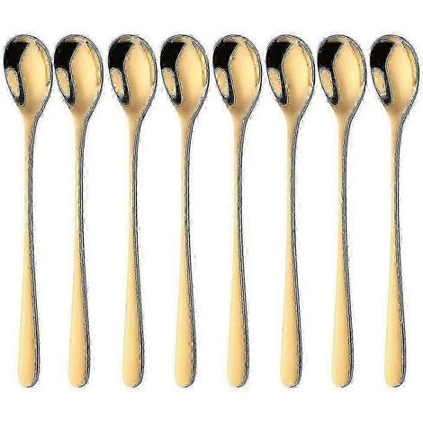 Ensemble de 8 cuillères à café glacé en acier inoxydable doré à long manche (20 cm) pour la cuisine et le bar. (1/5)