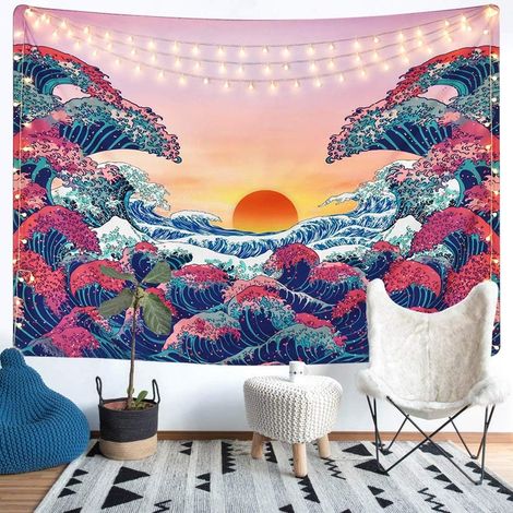 Grande Vague Océan Suspensions murales Orange Coucher de Soleil Tapisserie Murale avec Art Mural Nature Décorations pour la Maison pour Le dortoir de Chambre à Coucher ( 150cmx200cm) (1/5)