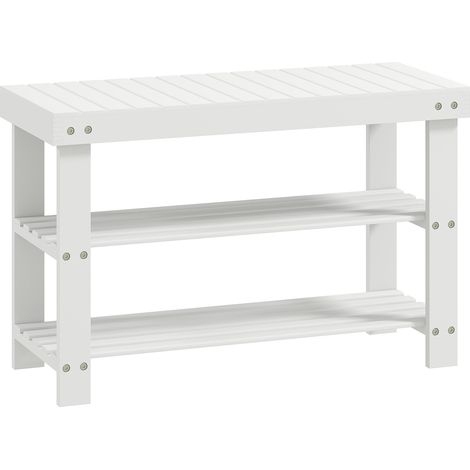Panca Scarpiera Bassa 70x28x45 cm con 2 Ripiani a Doghe e Seduta in Bambù Bianco (1/5)