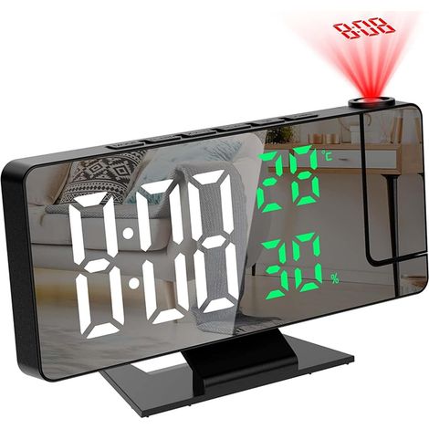 Réveil à projection pour table de chevet, horloge miroir LED avec projecteur rotatif à 180°, luminosité à 3 niveaux, réveil numérique avec température et humidité, fonction