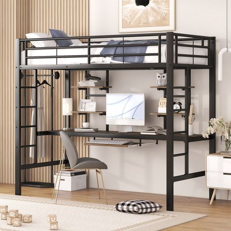 Metall-Hochbett 90 x 200 cm mit Schreibtisch und 2 Regalen, Schwarz, OKWISH (1/5)