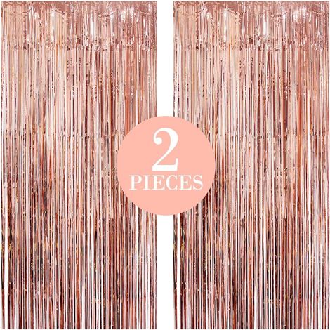 Rideau A Franges - Feuille D Or Rose - 97,5 X 300 Cm - Pour Decoration De Fete - Lot De 2 (1/5)