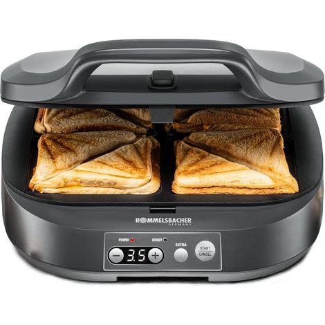 ROMMELSBACHER Sandwich Maker ST 1800-4 panini XL, rivestimento antiaderente, timer da 15 minuti, spegnimento automatico, alloggiamento Cool Touch, 1800 Watt, grigio ardesia