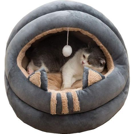 Niche et igloo pour chat 35 cm – Lit doux en peluche et coton PP – Design semi-fermé – Antidérapant et lavable en machine (1/4)