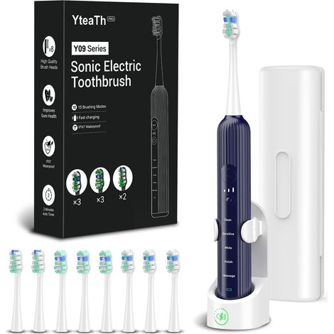 Brosse À Dents Électrique Sonique pour Adultes et Enfants - 5 Modes de Nettoyage, 3 Niveaux D'intensité, Minuterie Intégrée, 8 Têtes Incluses - Étui de Voyage - Bleu (1/5)