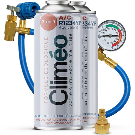 Climeo 3in1 2x400ml + tubo con manometro + adattatore - Refrigerante ecologico + R1234yf SEAL Manutenzione aria condizionata indipendente