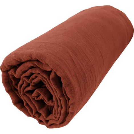 Drap housse bonnet 30 cm 100% gaze de coton unie terracotta 200x200 cm