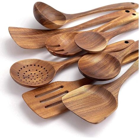 Ustensiles de Cuisine Bois - Set de Cuisine Premium 8 Pièces - Ensemble d'Ustensiles en Bois de Teck Facile à Nettoyer - Matériau Léger, Résistant à la Chaleur, Durable & Anti-Rayures (1/5)