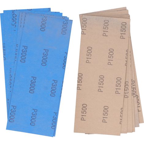 Set bestehend aus 90 Blatt Schleifpapier, je 10 Blatt pro Körnung (trocken und nass). (1/5)