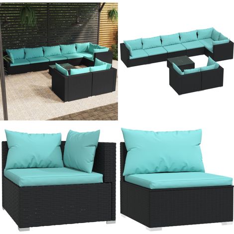 9-tlg. Garten-Lounge-Set mit Kissen Schwarz Poly Rattan - Gartensorgafurniture - Loungeset - Gartenmöbeln - Rattanmöbel - Außenbereichs Möblierung - Home & Living (1/5)