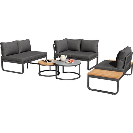 Ensemble de mobilier de jardin (4 à 5 places), 2 tables basses empilables, structure en fer galvanisé, mobilier de jardin confortable, coussins et oreillers gris inclus, avec pieds réglables
