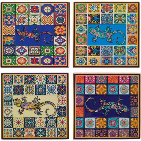 Set de 4 posavasos de cerámica mosaico lagarto multicolor (1/4)