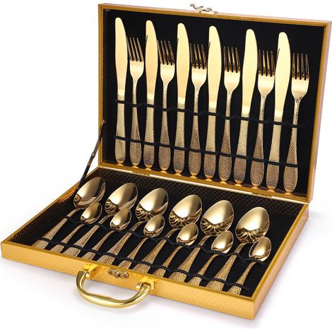 (Ensemble de 24 pièces - doré) Ensemble de couverts en acier inoxydable (couteau, fourchette, cuillère, cuillère à café)