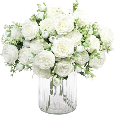 Ecleanfy - 2 Bouquets Fleurs artificielles en Soie Pivoine Artificielle Fausse Fleur pour Mariage Parti Accueil Cuisine Décor, Blanc (1/5)