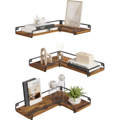 Étagère d'Angle en Forme de L, Lot de 3, Tablette Flottante avec Rebords, Style Moderne, 40 x 29 x 4 cm, Marron Rustique (1/5)