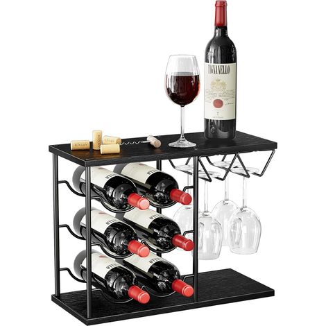 Casier à vin rétro 2 en 1 avec porte-verres 6 bouteilles noir