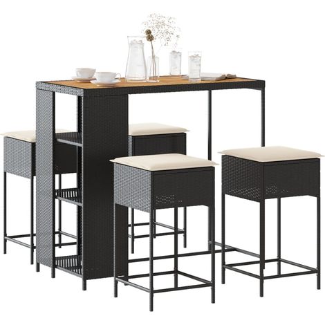 5-tlg. Gartenbar-Set mit Kissen Schwarz Poly Rattan