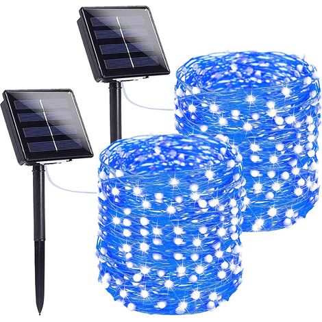 Lot de 2 guirlandes lumineuses solaires d'extérieur, 20 m, 200 LED, alimentées par l'énergie solaire, étanches, 8 modes, fil de cuivre, pour Noël, terrasse, fête, arbre, décoration de jardin (bleu) (1/5)