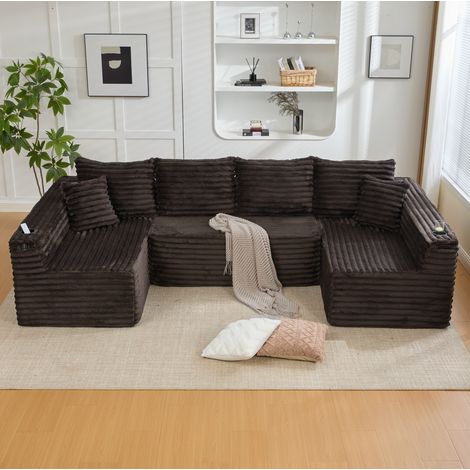 U-förmiges modulares Sofa 320x155x88 cm aus Cord, braun, mit Becherhaltern HAVRYA (1/5)