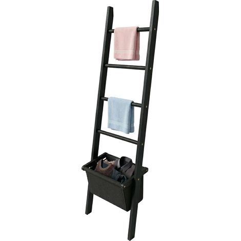Relaxdays Escalera toallero, 4 peldaños, cesta para ropa, Alt. x An.: 170 x 50 cm, nogal, baño, negro (1/5)