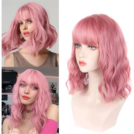 Perruque Synthétique Bouclée Respirante pour Femme, Couleur Rose Pâle avec Frange (1/5)