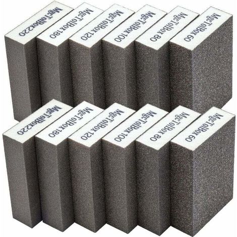 Lot de 12 éponges et blocs de ponçage, grains 60/80/100/120/180/220, lavables et réutilisables. Caractéristiques : (1/4)