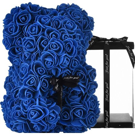 TrAdE Shop Traesio - Orsacchiotto Orsetto Orso Di Rose Con Fiori Artificiali Da 25cm San Valentino - Blu