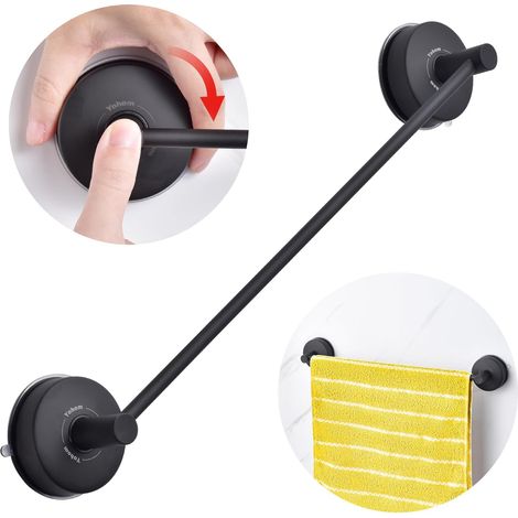 1 - Porte Serviette - Barre Inox - Support Mural Ventouse Sans Perçage Pour Salle De Bain Et Cuisine Noir Mat 42,8cm (1/5)