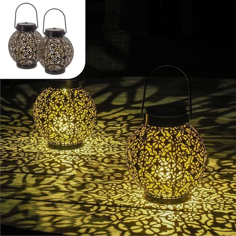 Lampe Solaire Exterieur Decorative Lot De 2 Lanterne De Jardin À LED Convient Comme Lampe De Table Ou Lampe À Suspendre Métal Noir Et Or (1/5)