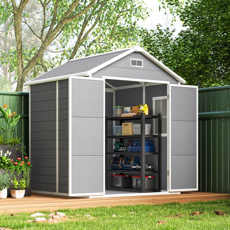 Caseta de jardín de resina de 2,7 m² con suelo, puertas con pestillo, 3 ventanas, estructura de aluminio, 240 x 190 x 228 cm, gris.