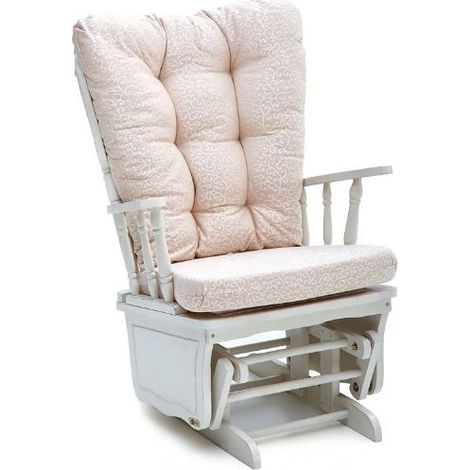 Poltrona Sedia A Dondolo Oscillante Linea Dallas Con Struttura In Legno Massello Color Bianco e Cuscino Trapuntato Beige (1/4)