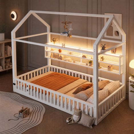 Lit cabane 90x200 en métal blanc avec barrière de sécurité et LED (1/5)
