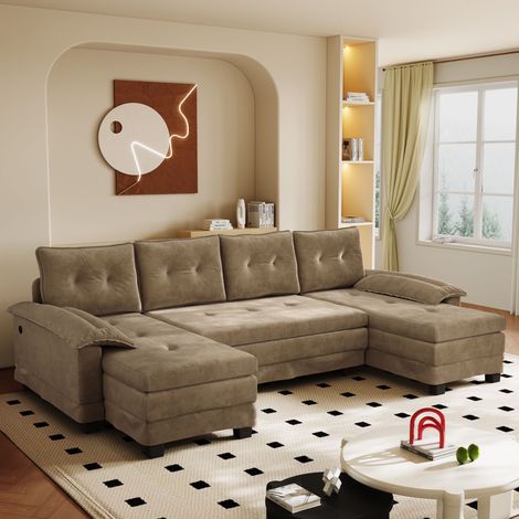 Canapé Panoramique en U Convertible XXL 278cm - Canapé-Lit Modulable avec Port USB et Accoudoirs Amovibles - Tissu Blanc Crème - Salon Moderne - kaki (1/5)