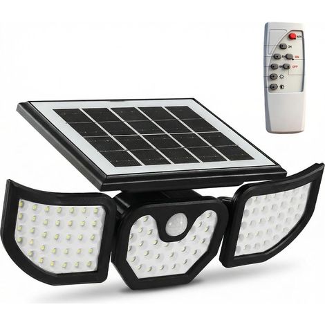Projecteurs Solaires Extérieurs avec Détecteur de Mouvement, Batterie 3000mAh et Télécommande, 2835 LED 3 Têtes 6500K, Étanche IP65 - Luminaires Solaires pour Garage, Cour, Jardin et Chemin (1/5)