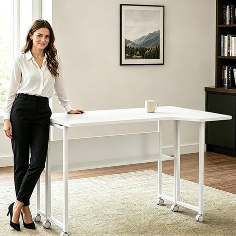 Escritorio/mesita plegable Maclean, blanco, con ruedas, 100 x 73 cm, máx. 50 kg, en ángulo, forma de L, MC-126 L/W (1/5)