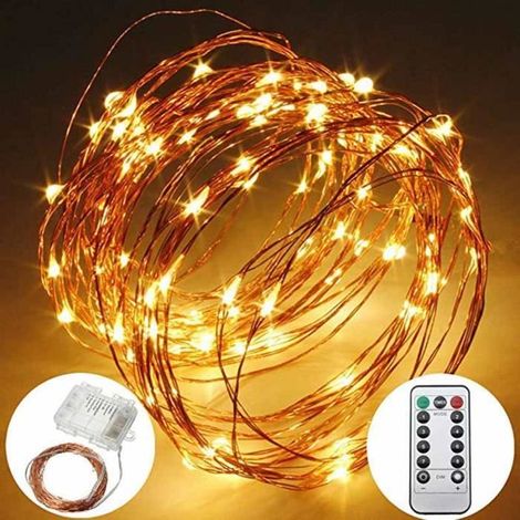 Guirlande Lumineuse LED à pile - Fil cuivre - 100 LED - 10m - Télécommande - Blanche chaud (1/4)